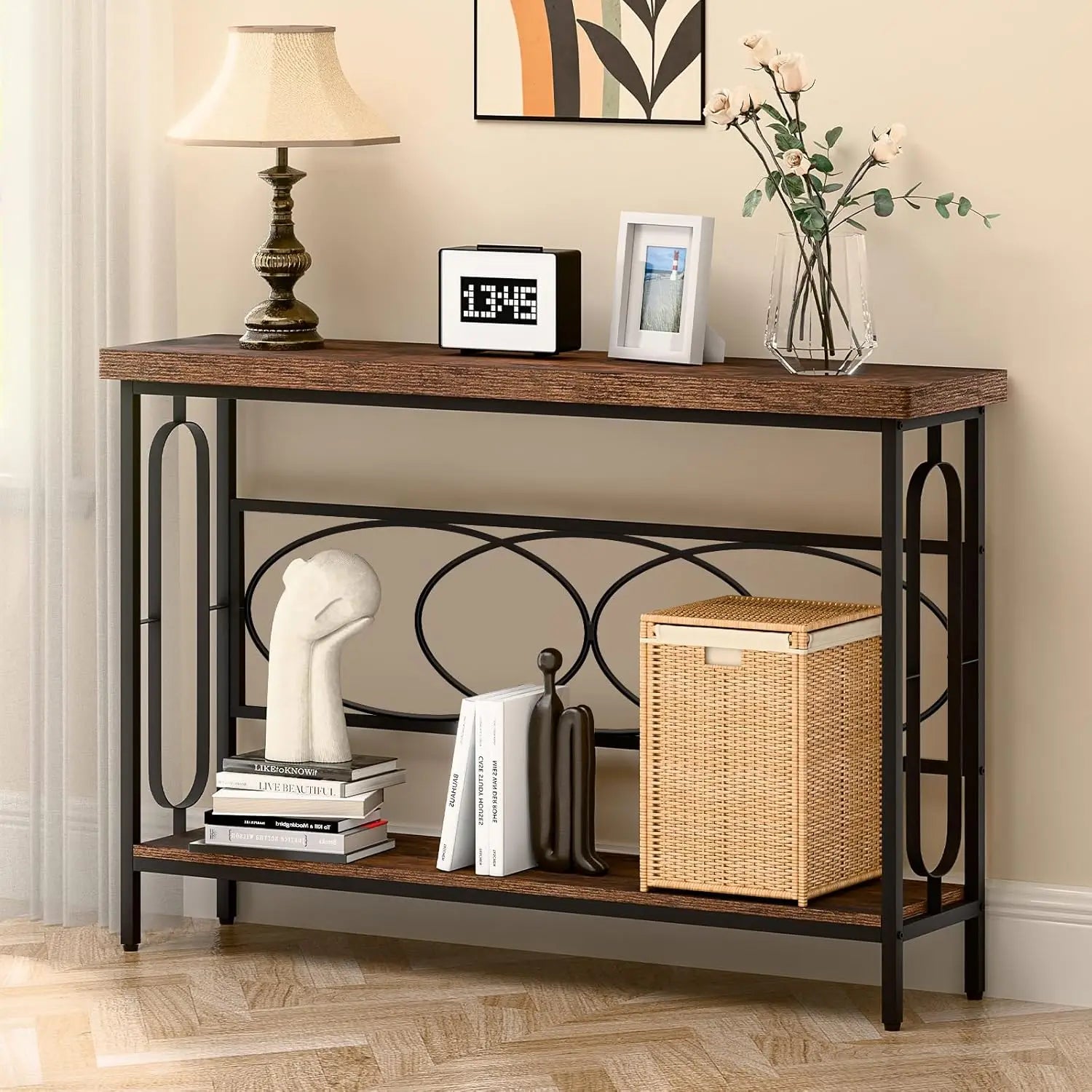 Industrial Console Table For Entryway, Rustic Console Table Behind Couch, 2 Tier Sofa Tables For Home Living Room, Hallway,