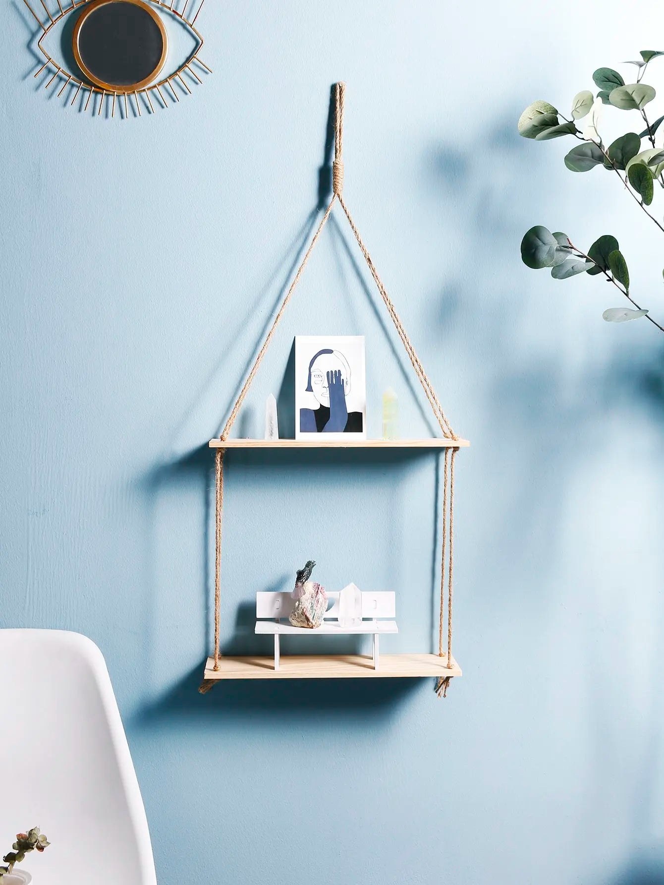 Macrame Hanging Shelf Wall Decor Handmade Rope Rustic Wood Floating Wall Shelf Display Stand Corner Wall Shelf For Photos Plant