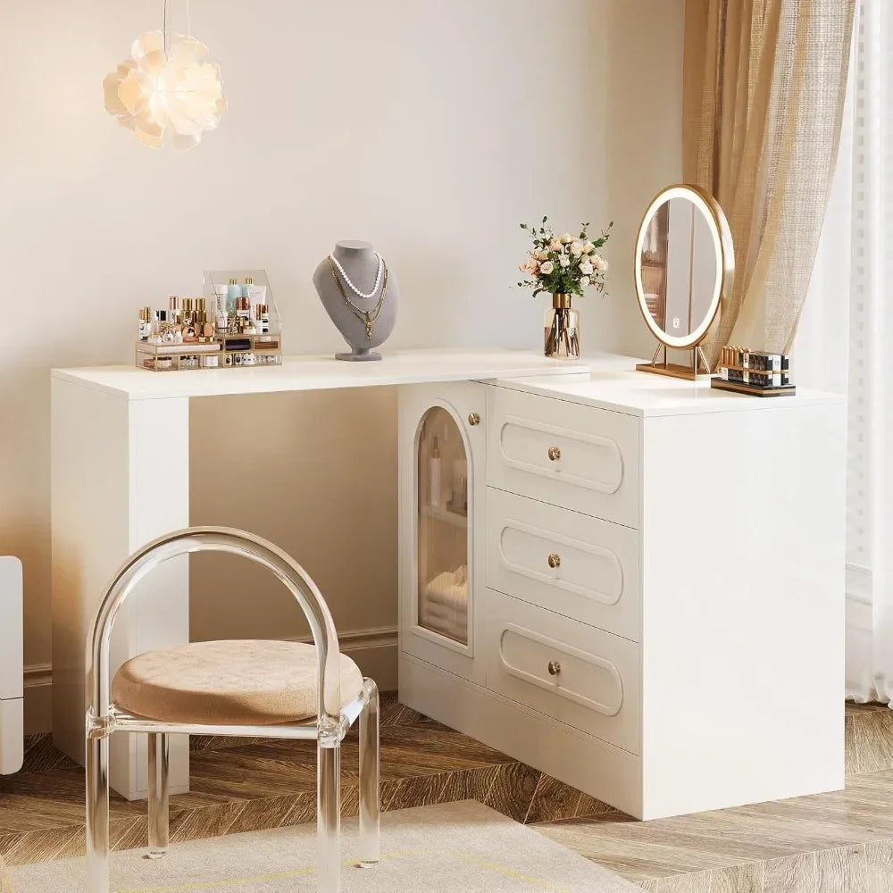 Modern L-Shaped Makeup Vanity Desk with 3 Drawers And Reversible Extendable Cabinet 78 Inch Corner Dressing Table for Bedroom