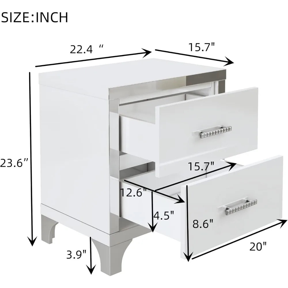 Elegant White High Gloss Nightstand with Two Drawers, Metal Handled Bedside Table for Bedroom and Living Room