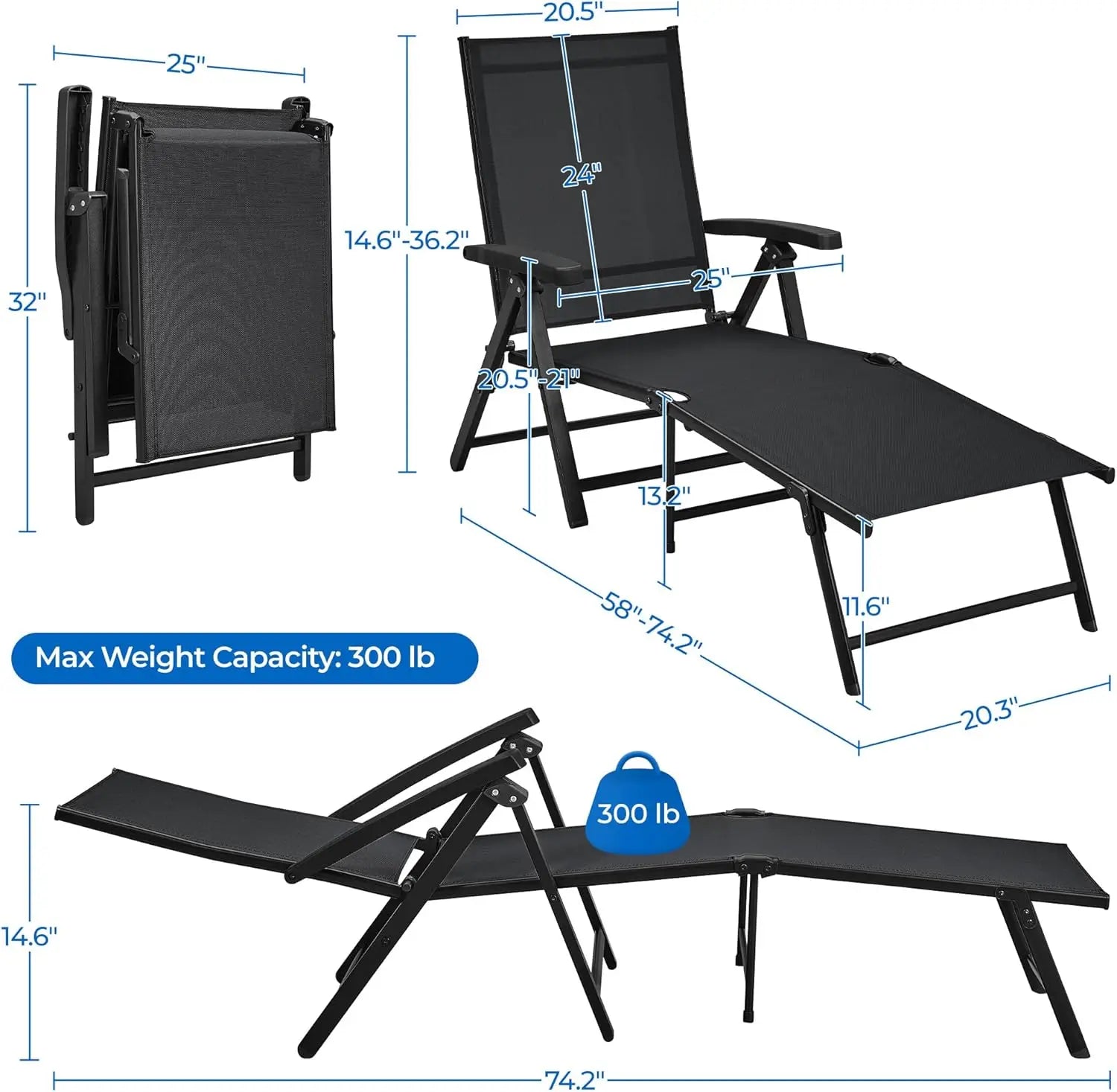 Outdoor Folding Chaise Lounge Set of 2 Patio Reclining Chairs w/Adjustable 7-Position Back for Beach Pool Garden Yard Deck Black