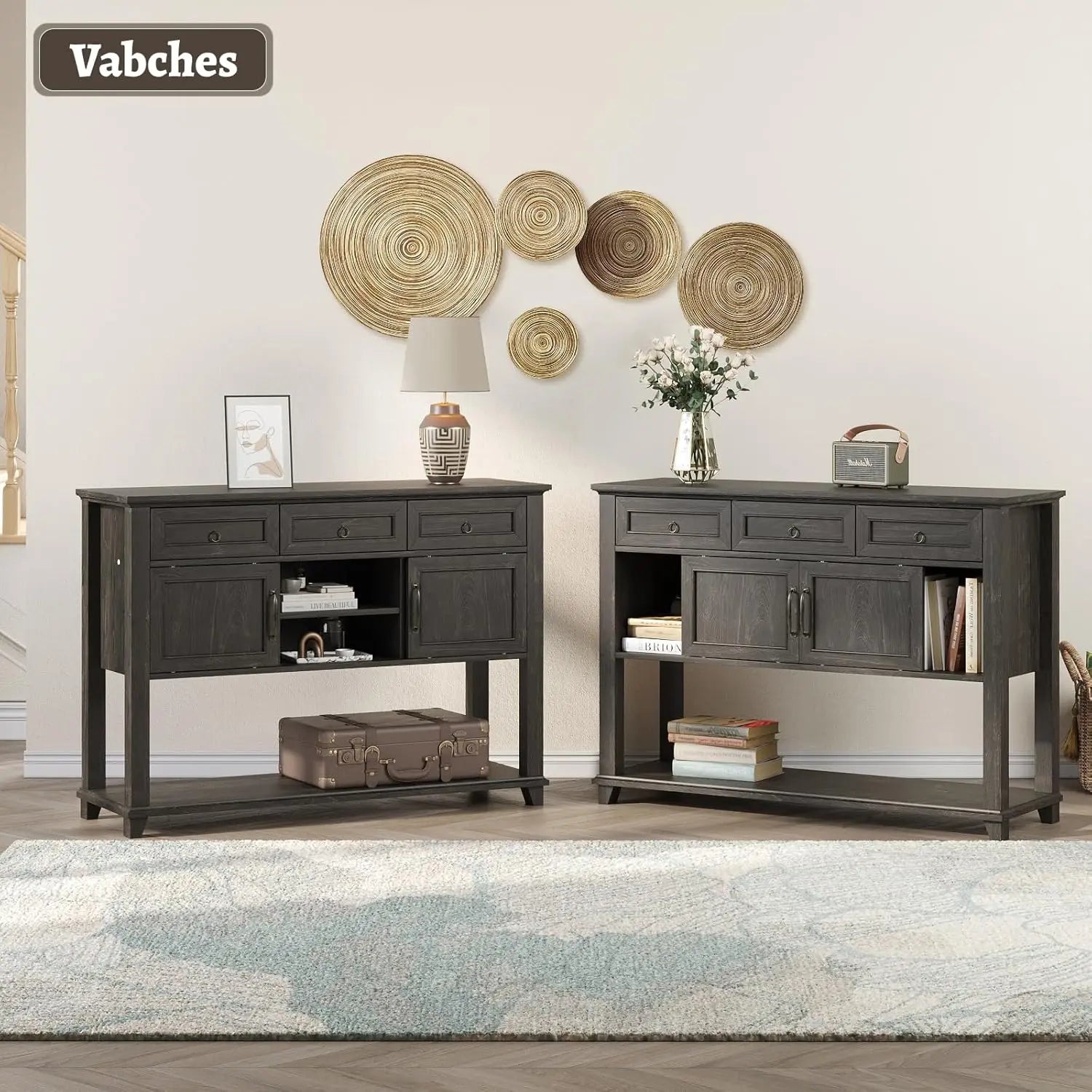 Vabches Console Table for Hallway Wood Entryway Table with 3 Storage Drawer&Sliding Barn Doors 47'' W Console Table for Entryway
