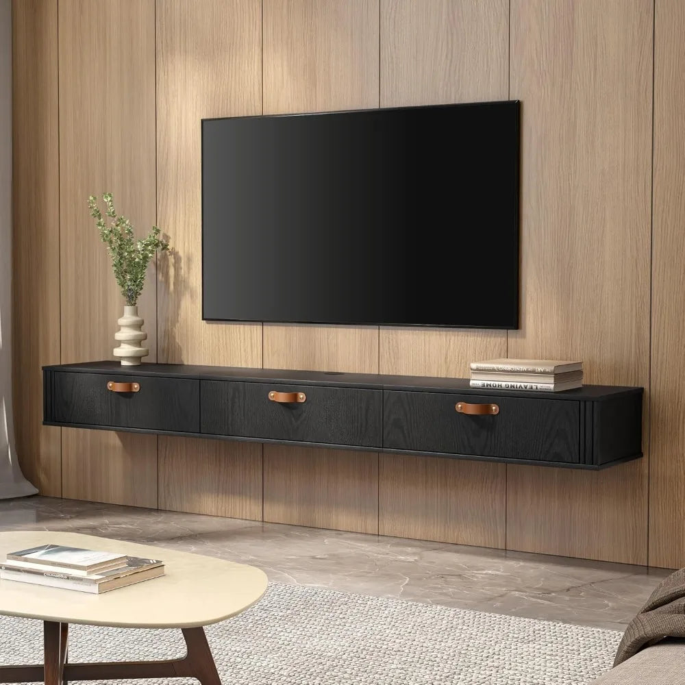 Floating TV stand, wall mounted, wooden media console entertainment center, with cabinet, 70 inch floating TV stand
