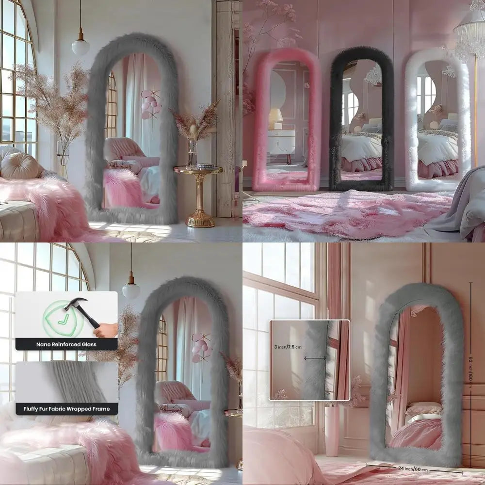 Free Standing Shaggy Faux Fur Framed Full Length Mirror for Bedroom, Wall Mount or Leaning Option