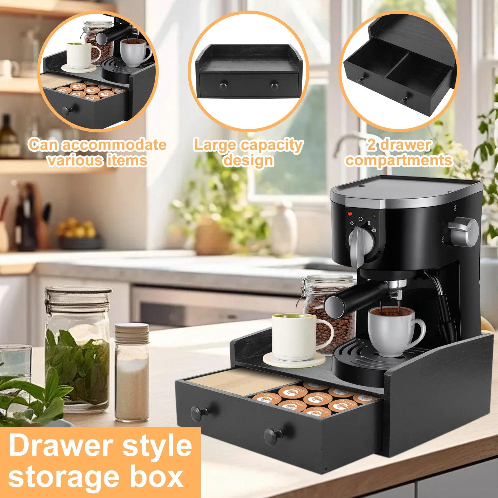 Wooden Coffee Machine Base Drawer – Tea Bag & Capsule Storage Organizer
