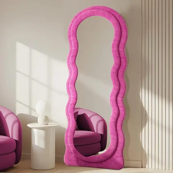 Arched Wavy Full Body Wall Mirror 63x24 Inches - Hot Pink Flannel Frame, Leaning or Hanging Wall Mount Option