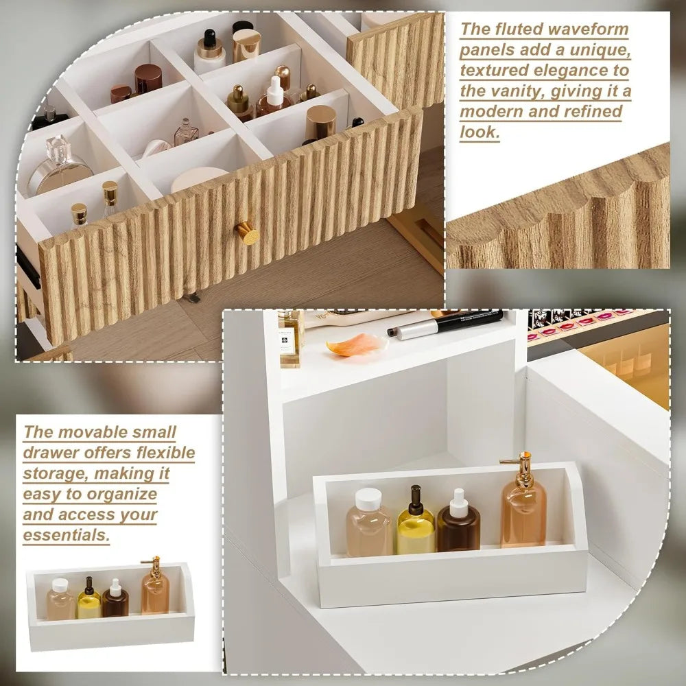 Fluted Vanity Desk with 32'' HD Mirror and Lights, 44''/w Modern Glass Top Makeup Vanity Table with Drawers & Charging Station,