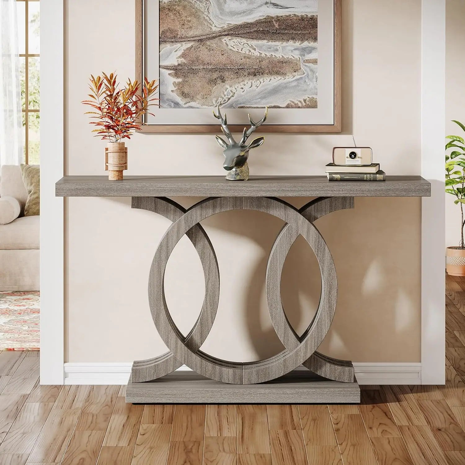 55-Inch Console Table with Geometric Wood Base,Modern Entryway Table with Thick Tabletop for Living Room, Hallway, Foyer (Gray)