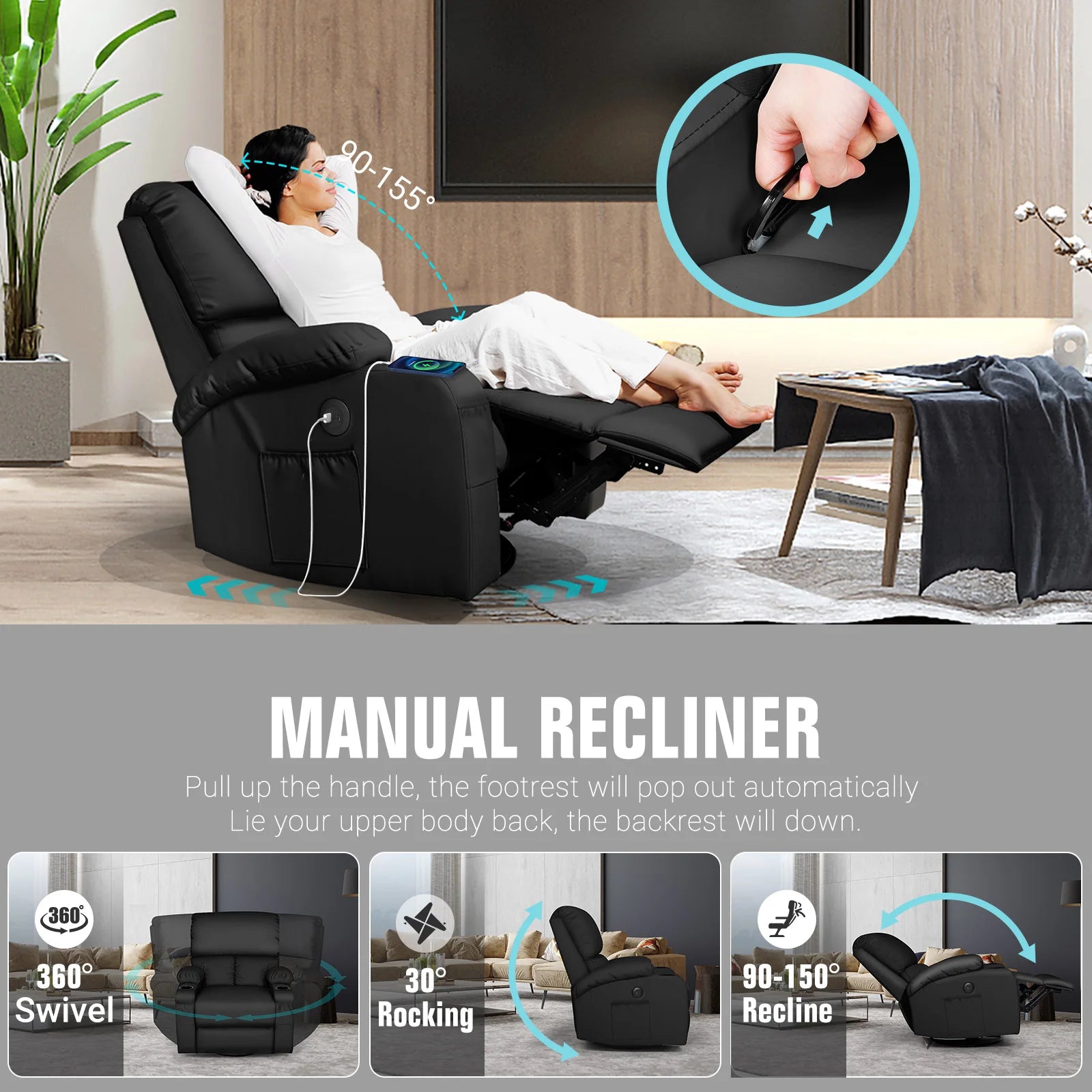 Retro Rocking Recliner Chair, Massage Rocker Recliner Chair with Vibration Massage and Heat, USB and Type-C Ports,360°
