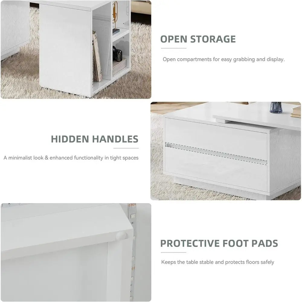 Modern Rectangular LED Coffee Table – White Extendable Center Table with 4 Storage Drawers