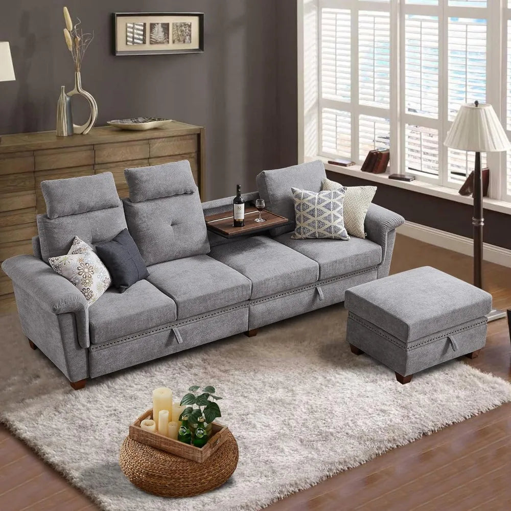 4 Seat L Shaped Convertible Sofa with Storage Chaise And Cup Holder Modern Microfiber Fabric Couch for Living Room