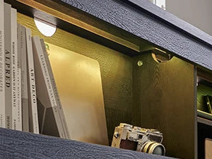 King Size Farmhouse Wood Bed Frame with Storage Bookcase Headboard, LED Light & Charging Station (Black)