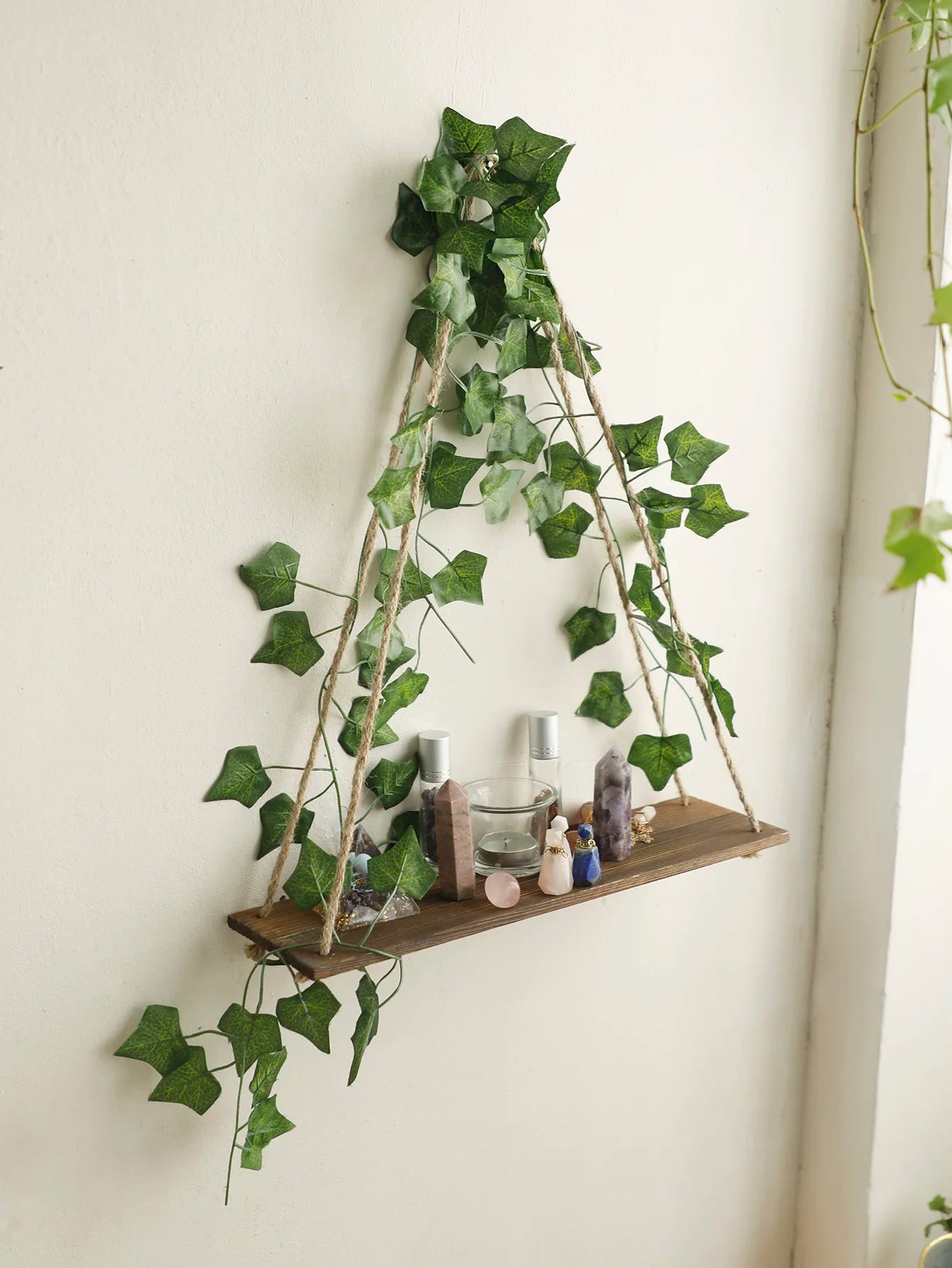 Floating Wall Shelf with Artificial Ivy LED Strip – Boho Style