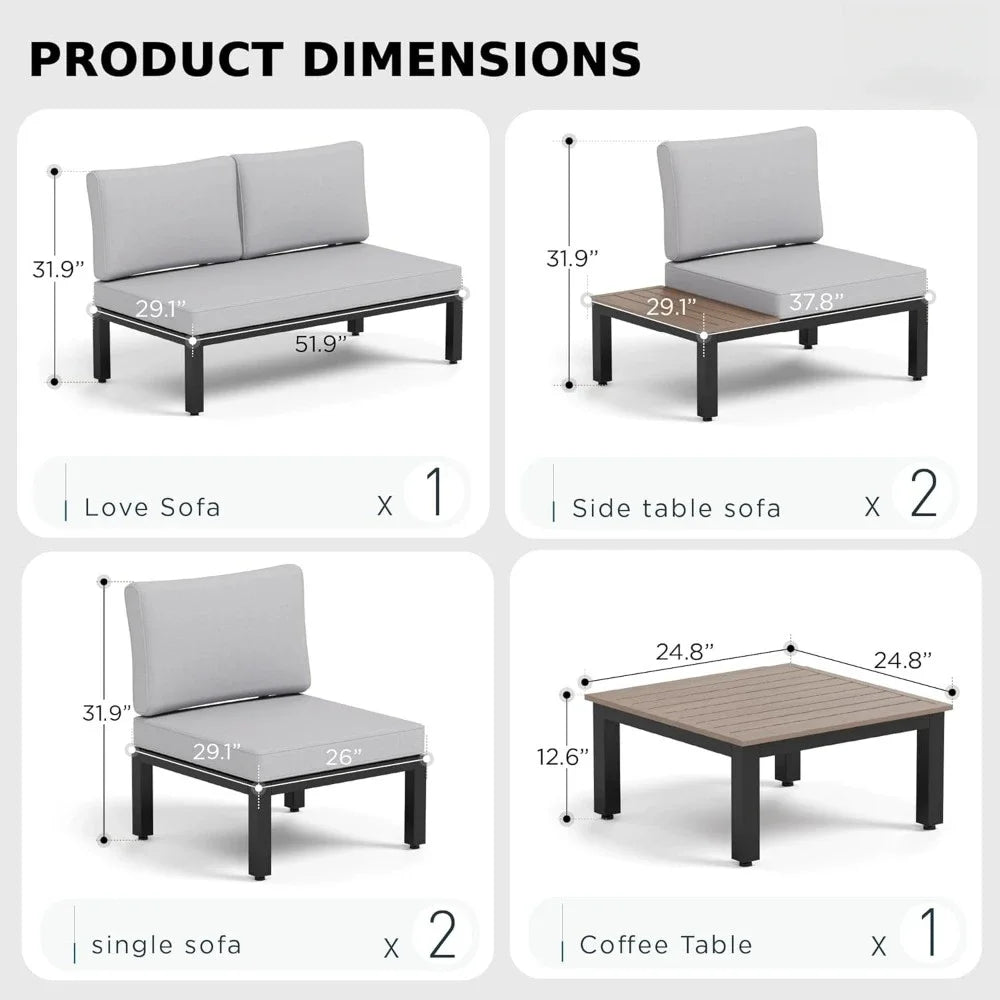 6 Pieces Patio Furniture Set - Outdoor Metal Frame Sectional Sofa Conversation Set with Coffee Table & Removable Cushions for Co