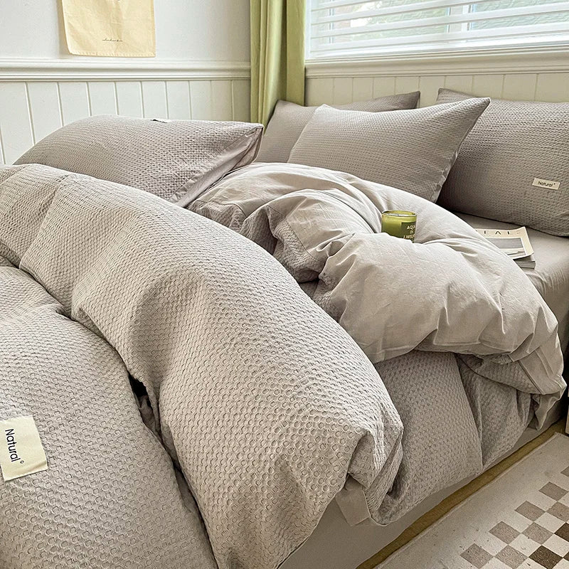 Simple Waffle Jacquard 100% Cotton Bedding Set Soft Comfortable Queen Duvet Cover Set with Sheets Quilt Cover and Pillowcases