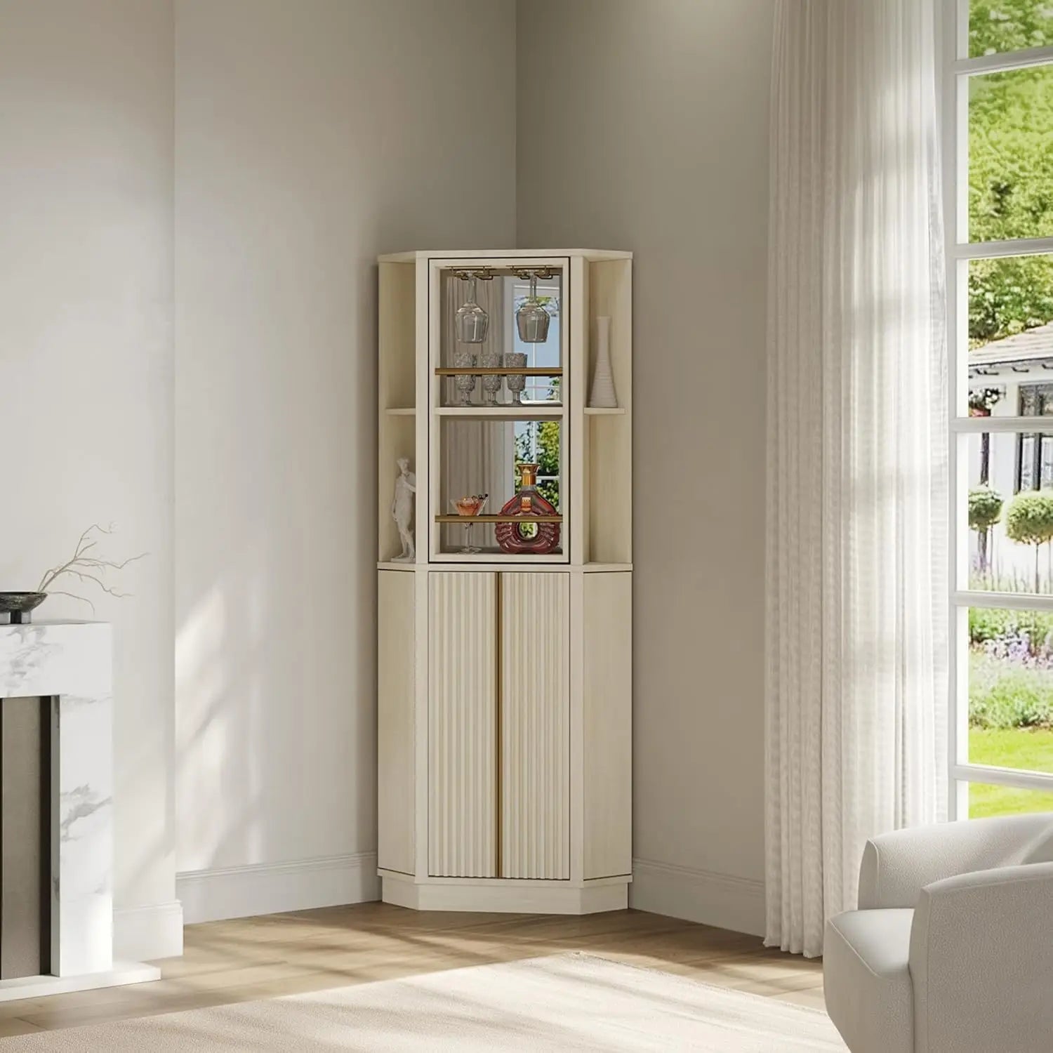 68″ Tall Farmhouse Wine Cabinet – Rotating Wine Rack Corner Bar Cabinet