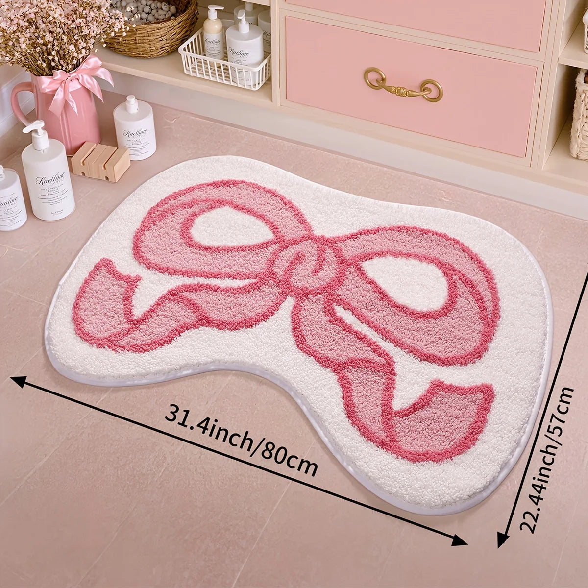1pc Fluffy Bath Rug, Extra Soft Absorbent Bathroom Mat with Pink Bow Design, Non-Slip Comfortable Tufted Polyester TPR