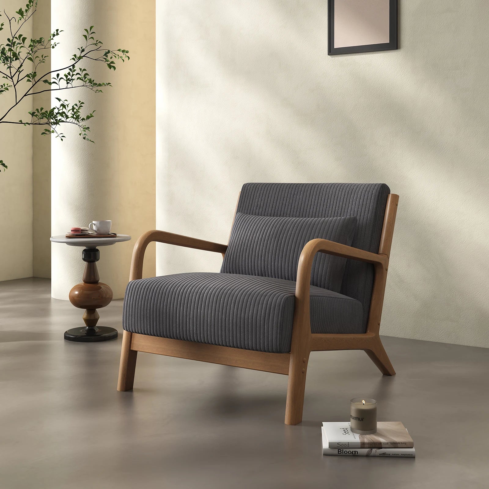 Mid-Century Modern Accent Chair – Fabric Reading Chair with Solid Wood Frame