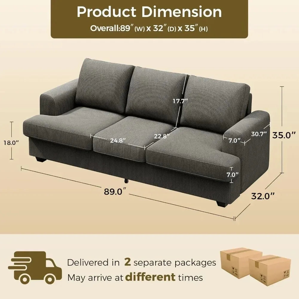 89" 3-Seater Cloud-Style Deep-Seat Sofa, Chenille Fabric, Wood Frame, Easy Assembly for Living Room
