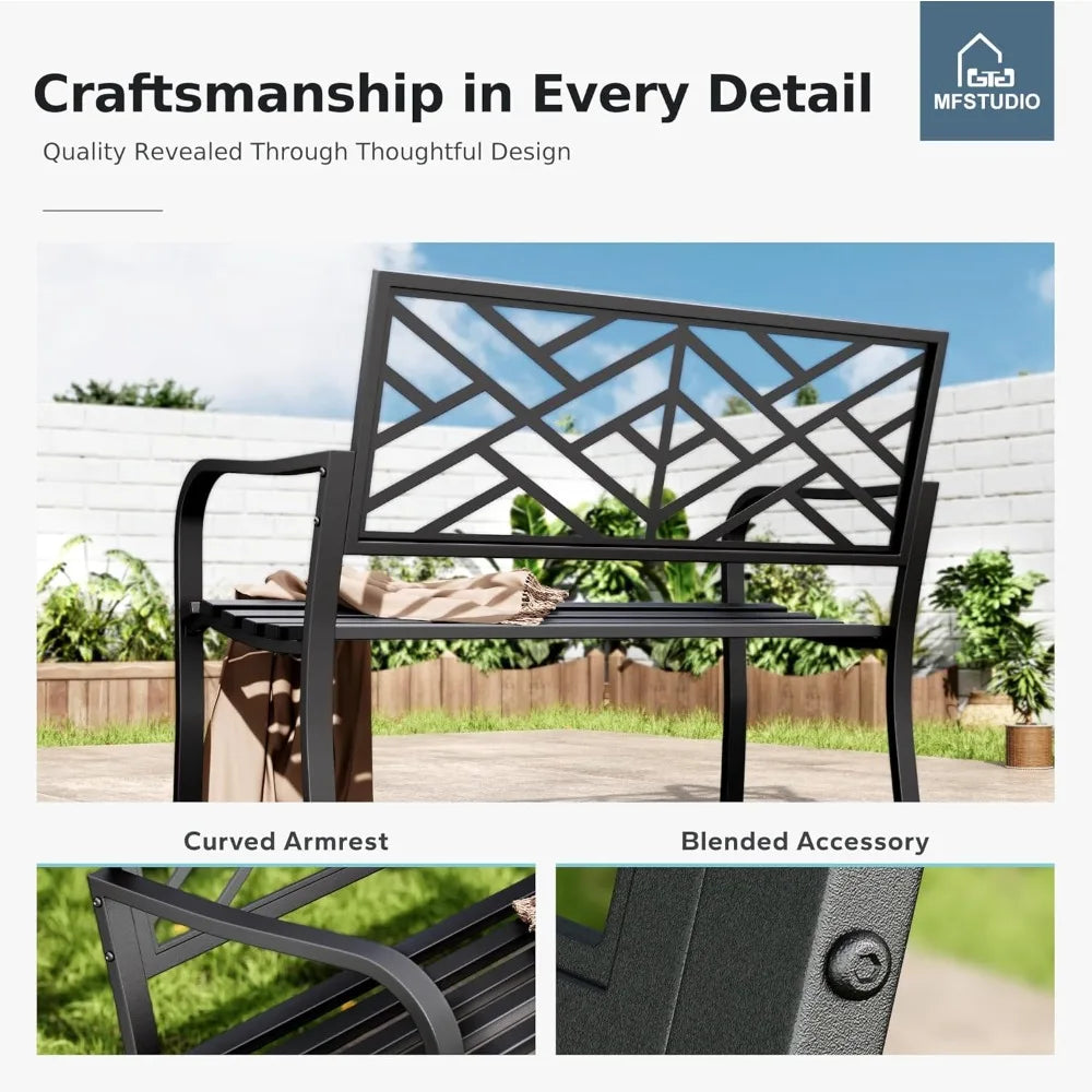 7 Inches Outdoor Garden Bench,Cast Iron Metal Frame Patio Park Outside Benches with Geometric Pattern Backrest for Front Porch