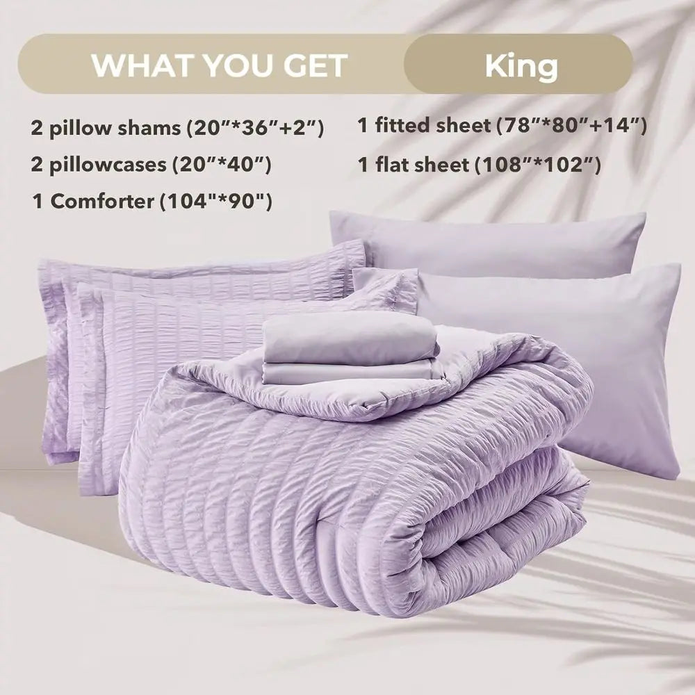 7-Piece King Lavender Seersucker Comforter Set: All-Season Luxury Bedding with Sheets, Pillowcases & Shams