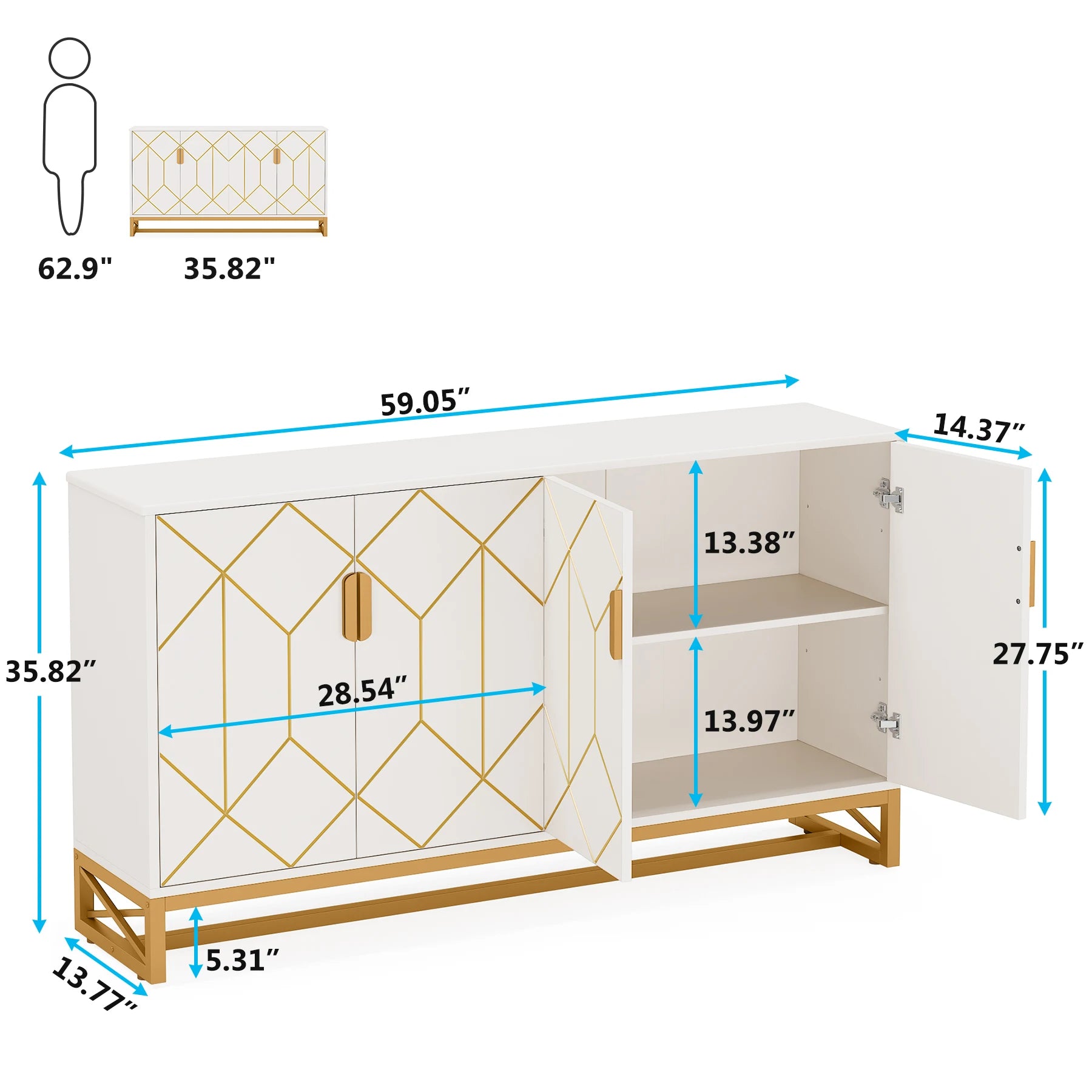 Tribesigns 59" White Gold Buffet Cabinet with Storage Kitchen Sideboard Storage Cabinet