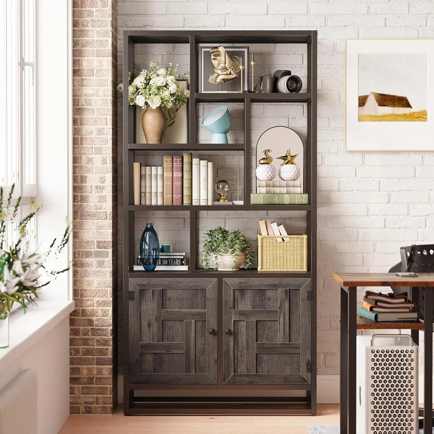 6-Tier Geometric Bookshelf with Doors – 35.4″ Wide Storage Bookcase