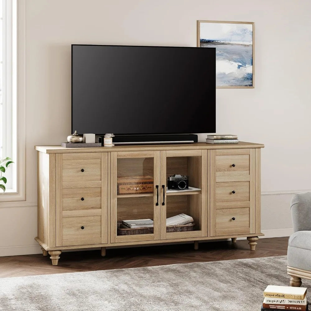 Farmhouse TV Stand for TVs Up to 65 inch, Wood TV Console Table with Storage Cabinets & Glass Door,