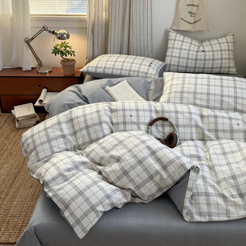 Cotton Plaid Duvet Cover Set – Soft & Breathable Bedding (2 Pillowcases)