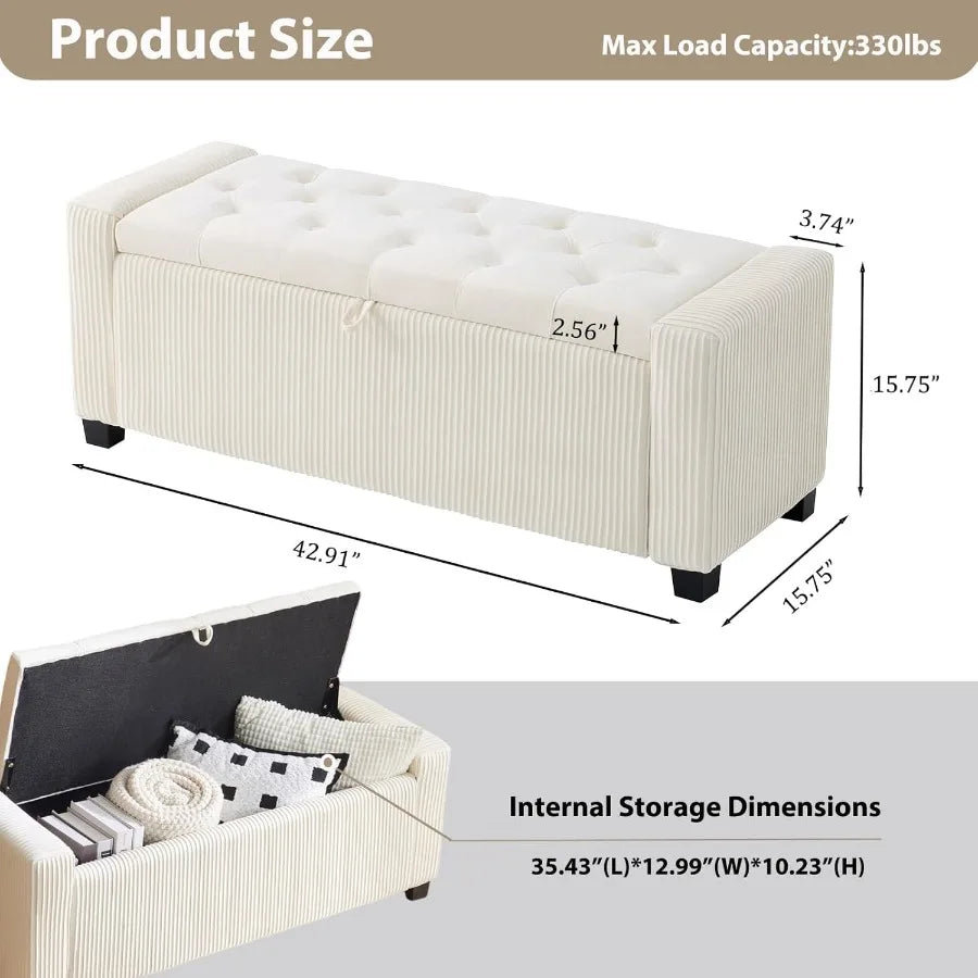 Upholstered Fabric Storage Ottoman Bench – Rectangular End-of-Bed Seat