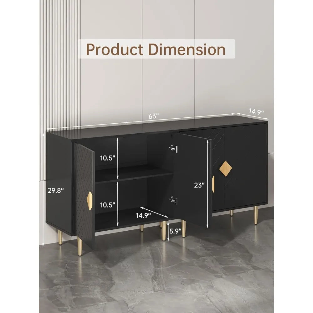 Sideboard Cabinet, 63'' Modern Buffet Cabinet with Storage Set of 2, Credenza with 4 Doors and Adjustable Shelves, Sideboard for