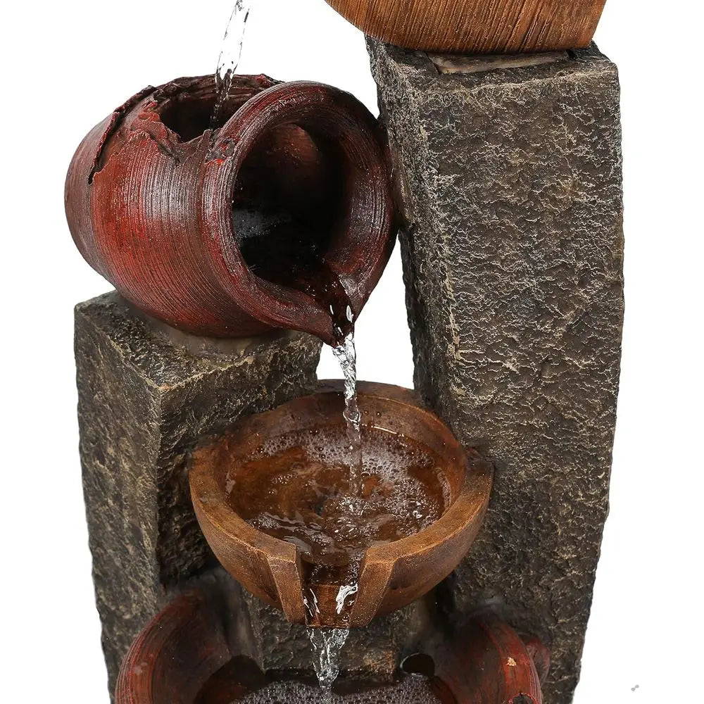 32 Farmhouse-Style Outdoor Water Fountain with Cascading Pitchers and Lights, Garden Decorative Water Feature