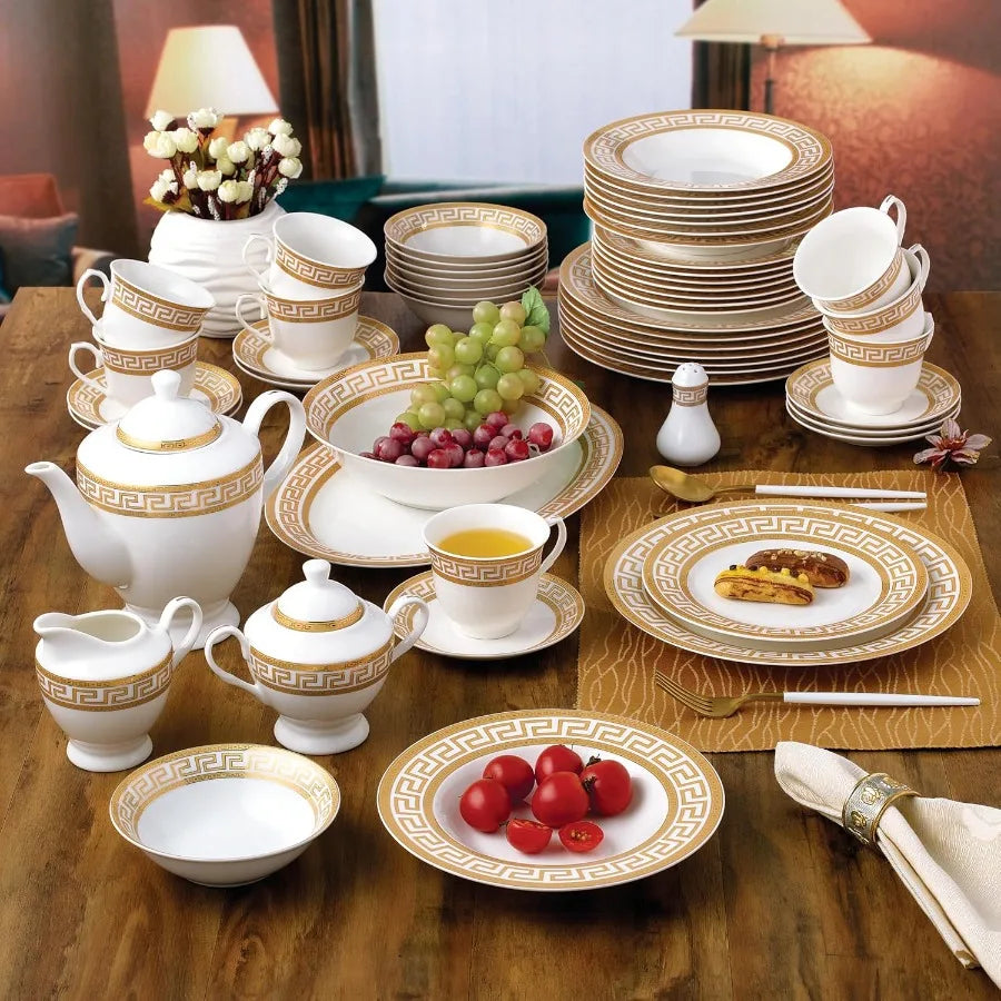 57-Piece Bone China Dinnerware Set – White with Gold Greek Key Trim, Service for 8
