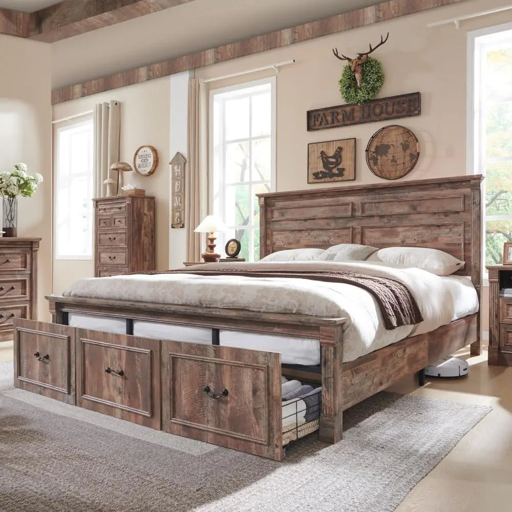 Farmhouse King Size Wood Bed Frame – 51″ Tall Headboard with Roman Column Footboard