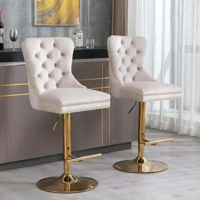 Beige Swivel Velvet Bar Stools – Adjustable Height with Tufted Back (Set of 2)