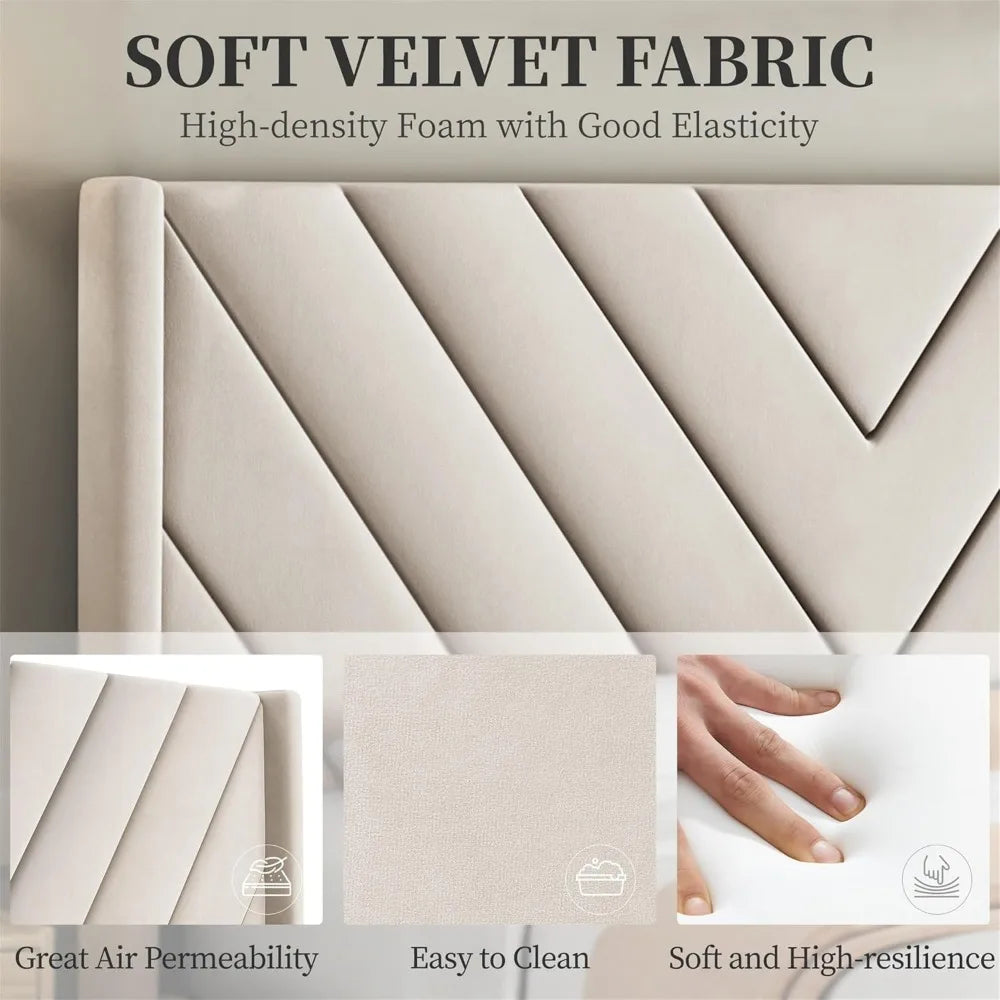 Upholstered Queen Bed Frame – Tufted Headboard with Wooden Slat Support (Beige Velvet)