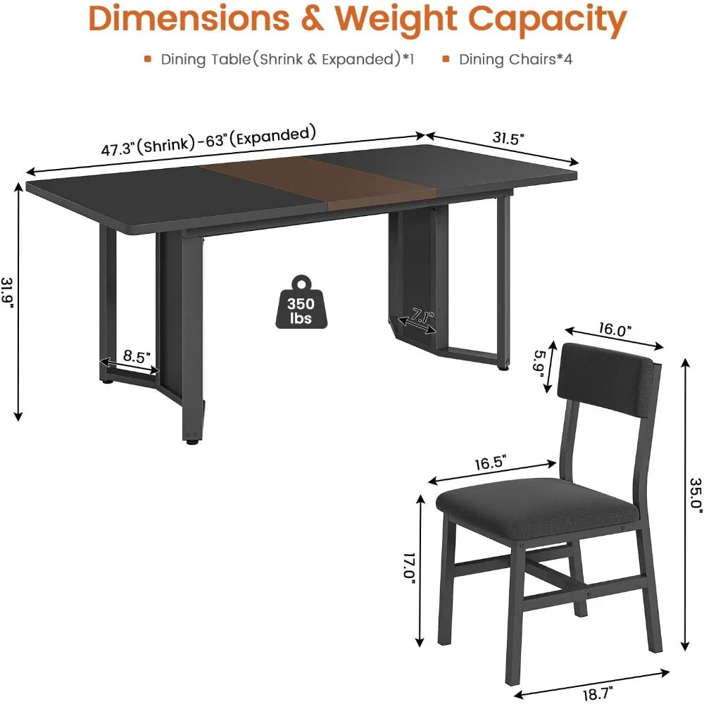 5-Piece Dining Table Set for 4-6 People, 63" Extendable Kitchen Table and 4 Cushion Chairs, Dining Room Table with MDF Boa