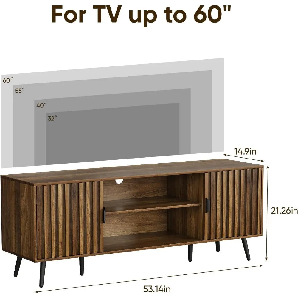 53" Fluted TV Stand with for TVs up to 60 Inch, Entertainment Center with Storage and Adjustable Shelves, Farmhouse Media Consol