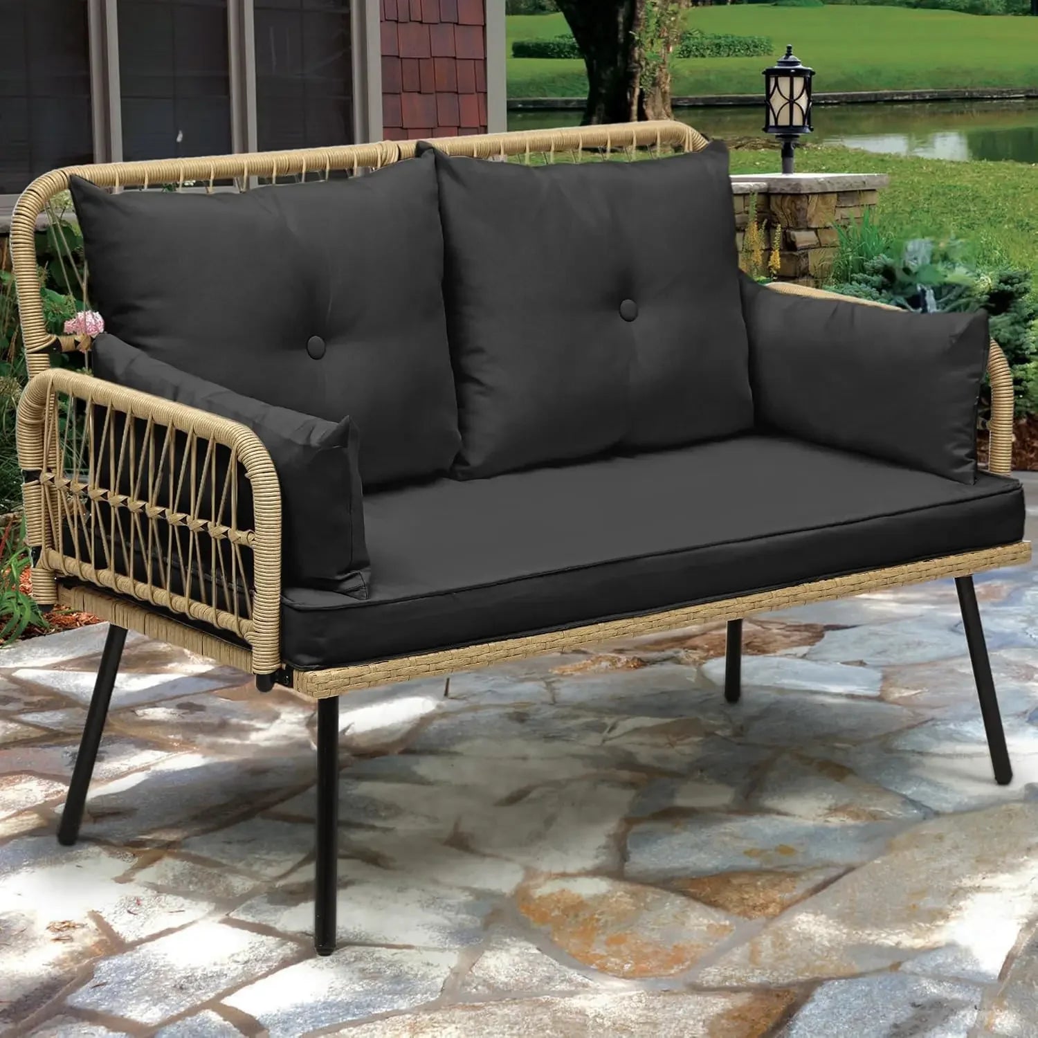 Patio Furniture Wicker Outdoor Loveseat, All-Weather Rattan Conversation for Backyard, Balcony and Deck with Soft Cushions