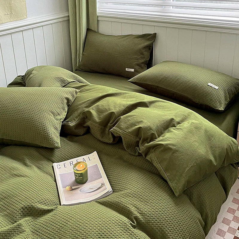 Simple Waffle Jacquard 100% Cotton Bedding Set Soft Comfortable Queen Duvet Cover Set with Sheets Quilt Cover and Pillowcases