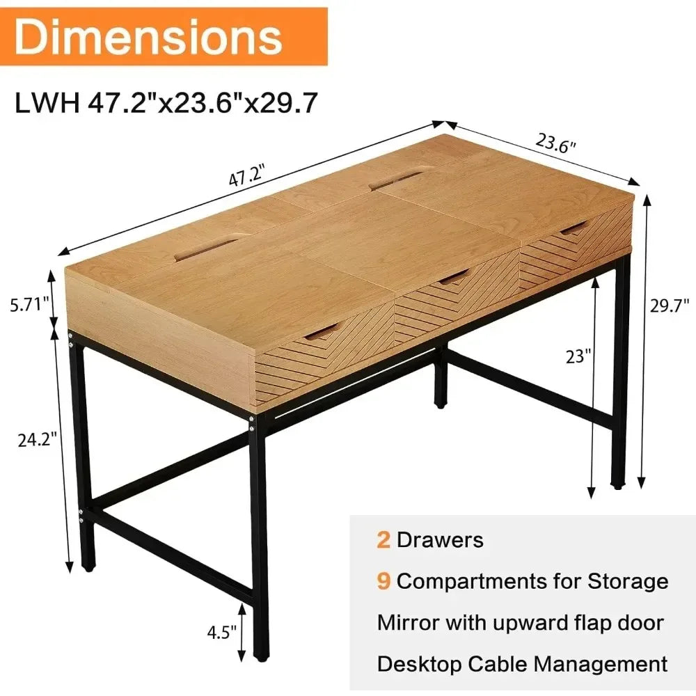 47 Inch Makeup Vanity Desk with Mirror Girls Dressing Table for Bedroom Home Office Desk with 2 Drawers And Cable Management