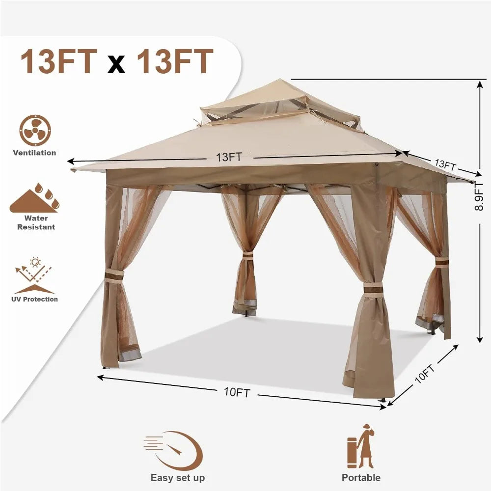 13x13 FT Patio Gazebo Outdoor Pop Up Gazebo with Mesh Walls, Sturdy steel frame, Rainproof and UV resistant Pergola