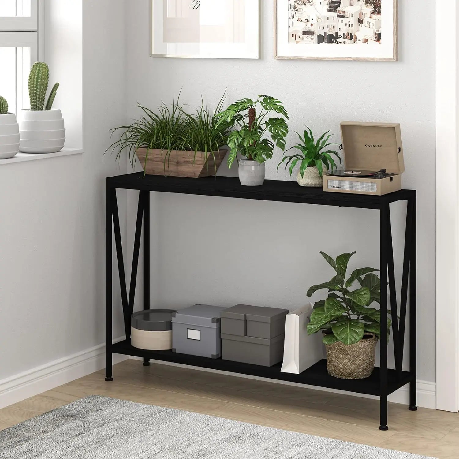 Black Narrow Console Table 2-Tier Sofa Table with Shelf for Entryway Hallway Foyer Living Room Corridor 42.9in