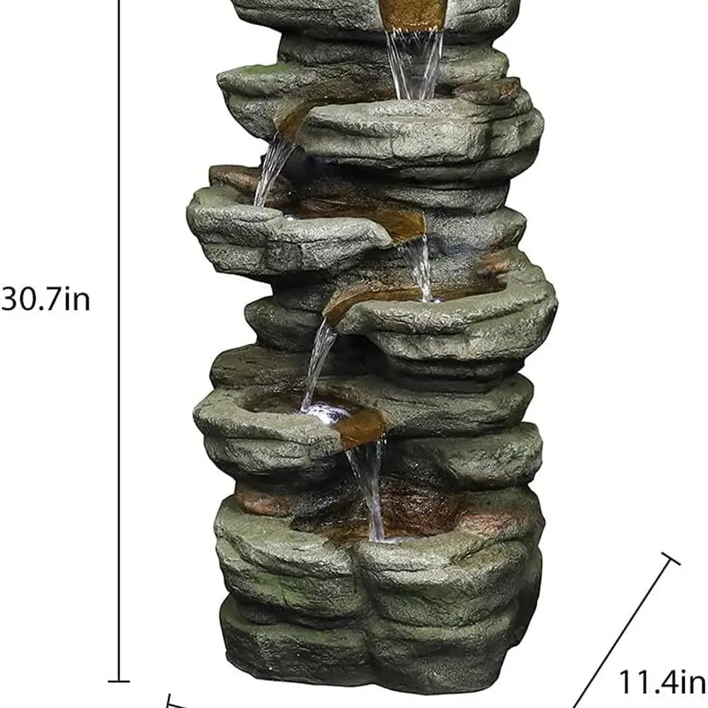 6-Tier Rock Waterfall Fountain with LED Lights, 30.7 Outdoor Home Garden Decor