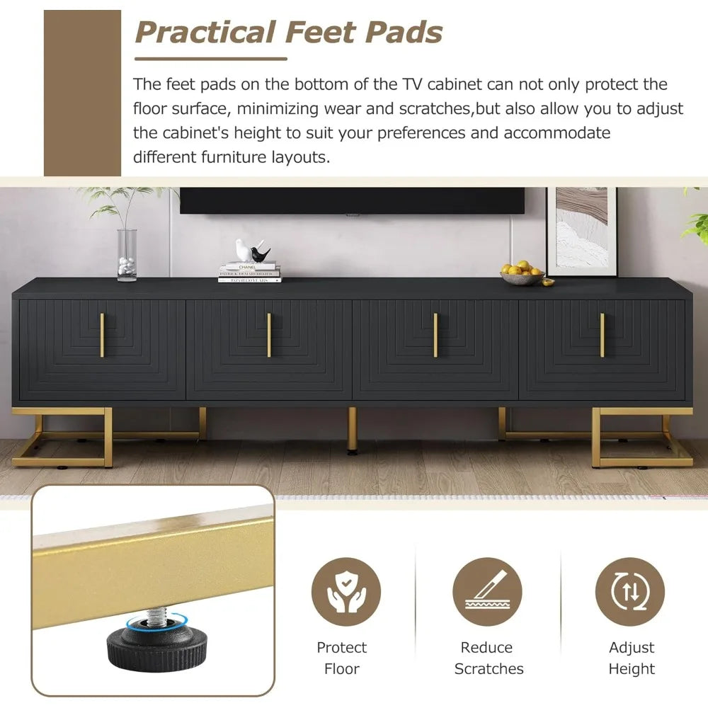 Modern TV Stand with Metal Legs and Gold Handles for TVs Up to 80'', Media Console Table with Cabinets and Adjustable
