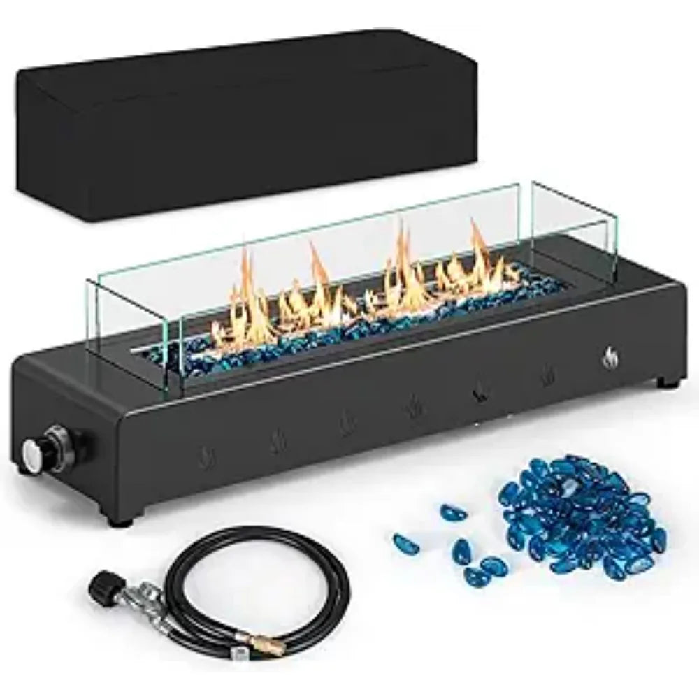30 Inch Tabletop Propane Fire Pit, 40,000 BTU Table Top Firepit Fire Bowl with Wind Guard, Glass Rocks, Stainless Steel