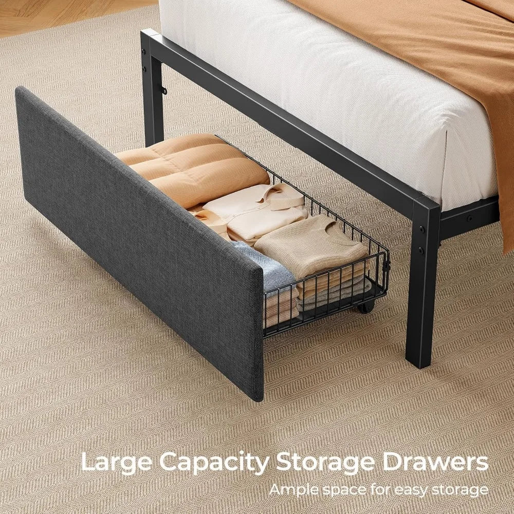 Upholstered Twin Size Bed Frame with Ergonomic Storage Headboard, LED Light & Charging Station