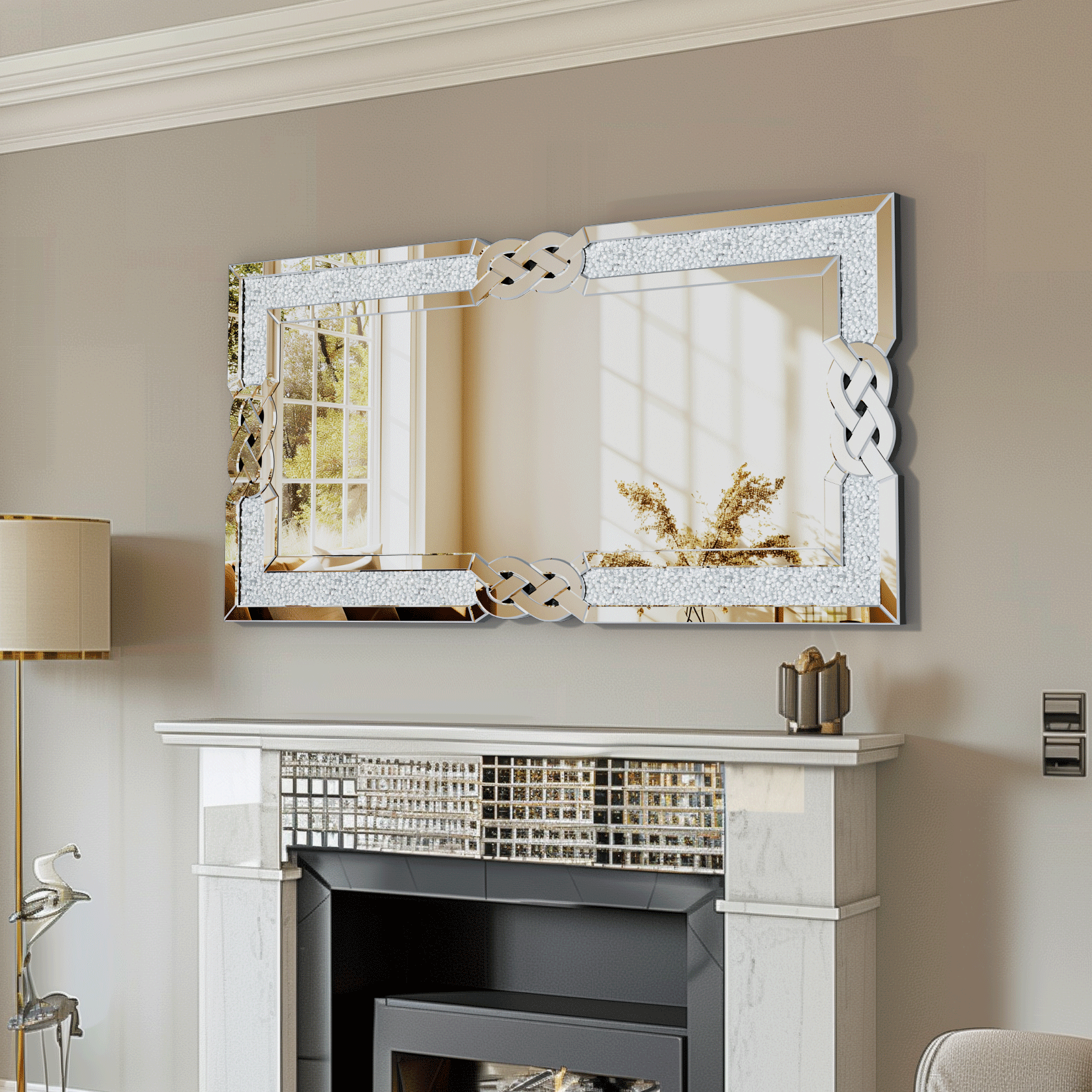 90/100/120CM Large Crystal Crush Diamond Mirror Vanity Silver Decorative Wall Hang Mirror for Bedroom Hallway Living Room