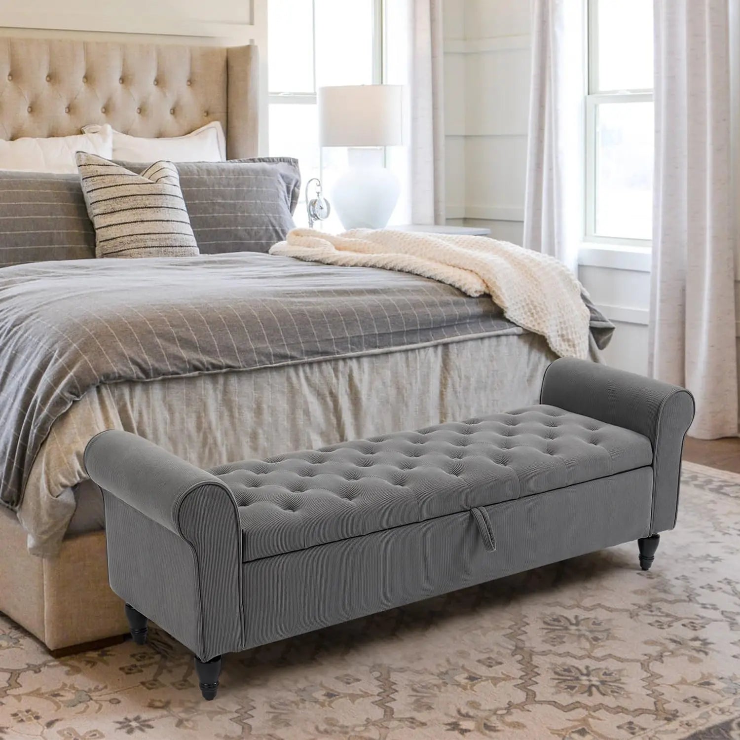 Storage Ottoman Bench – 63″ Upholstered Tufted End-of-Bed Bench