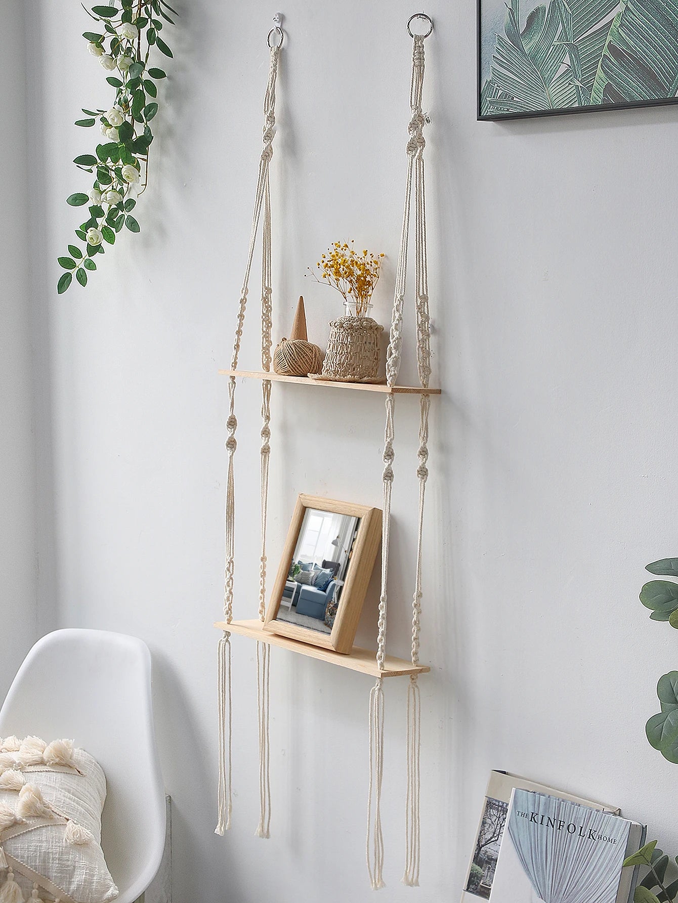 Wooden Wall Shelf Macrame Display Stand Boho Art Home Decoration Floating Shelf Nordic Wall Decor Living Room Nursery Aesthetics